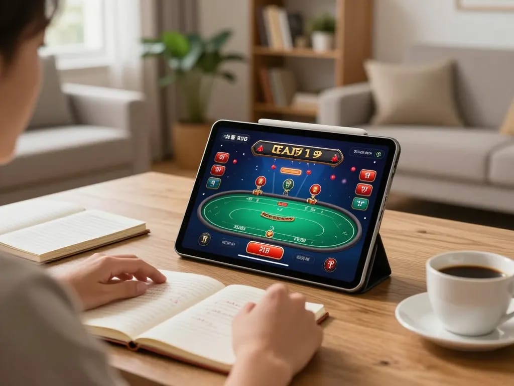 User enjoying online gambling on okwin tablet in a cozy living room with a warm atmosphere.