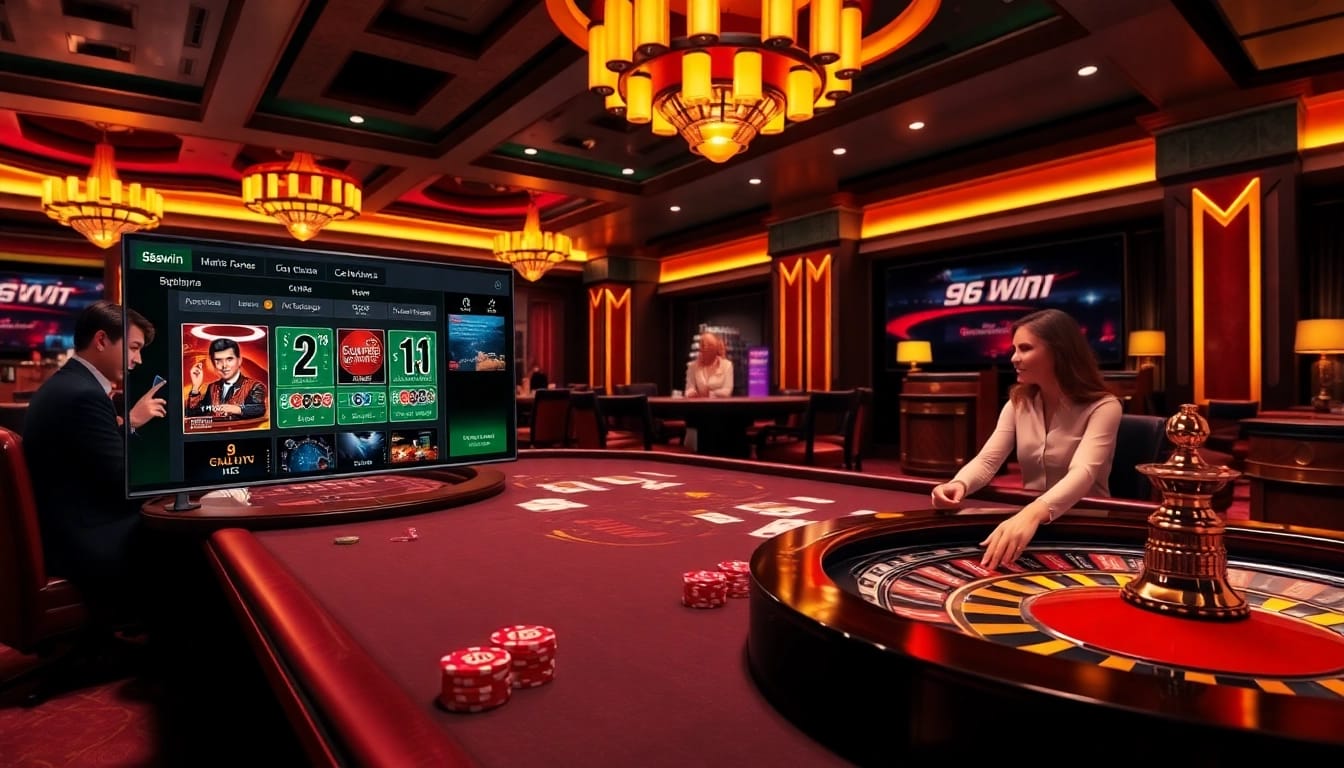 Experience the thrill of gaming at 98win's vibrant casino table featuring poker chips and cards.