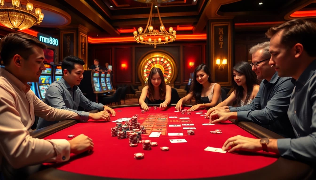 Players enjoying a thrilling mm88 casino experience at an elegant gaming table.