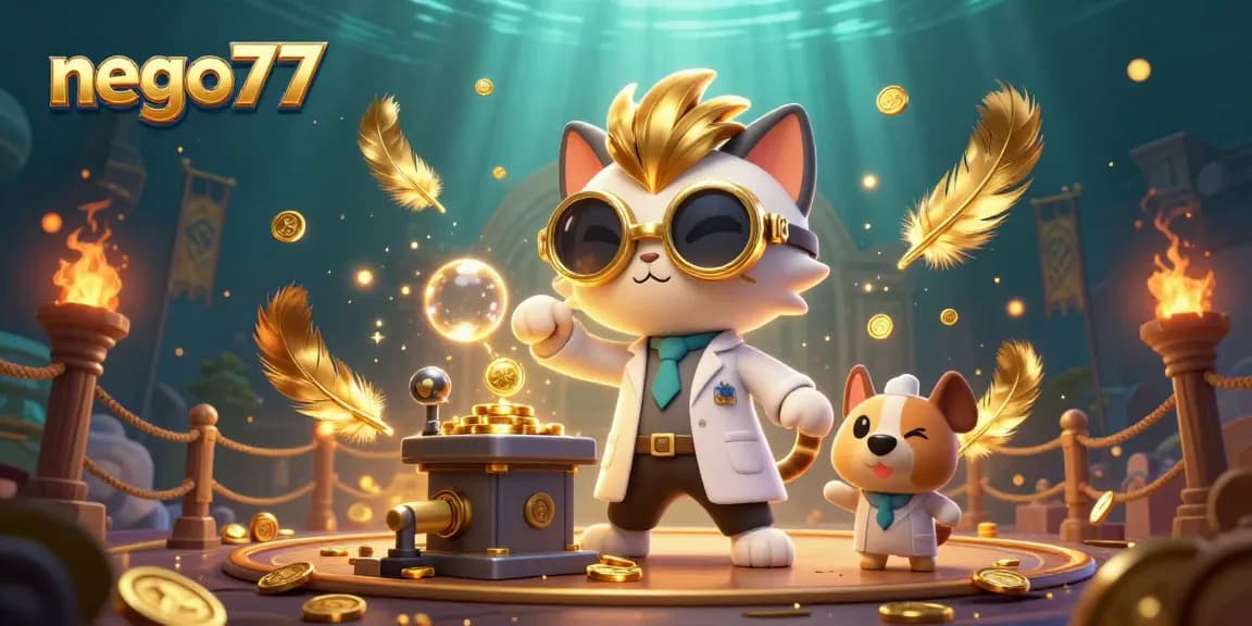 Nego77 showcases a lively 3D scene with a mad scientist cat and assistant dog amid sparkling gold coins and vibrant casino elements.