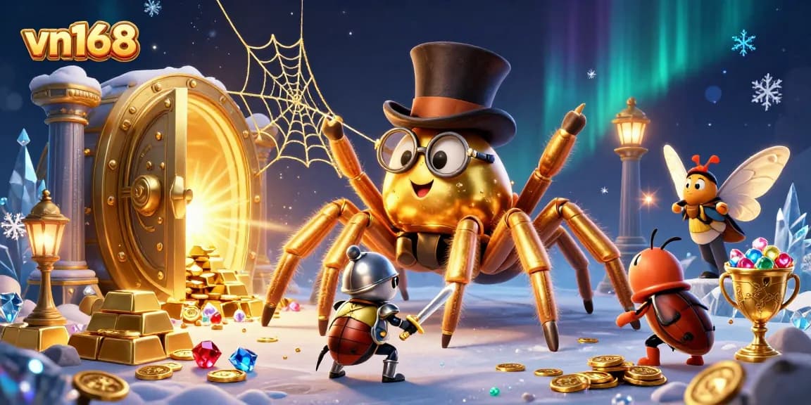 Engage in thrilling gameplay at vn168 with vibrant casino-themed illustrations featuring a golden tarantula and knight.