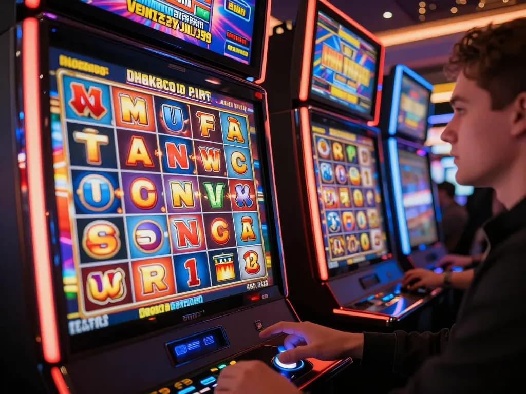 Engaging player spins colorful slot machines showcasing situs slot excitement and vibrant themes in an online casino.