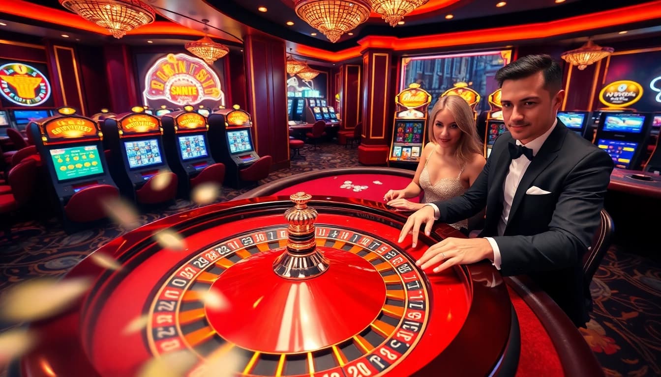 A dynamic scene of high-stakes gambling at betbdt.art, featuring players at a blackjack table and a roulette wheel, illustrating the excitement of the casino.
