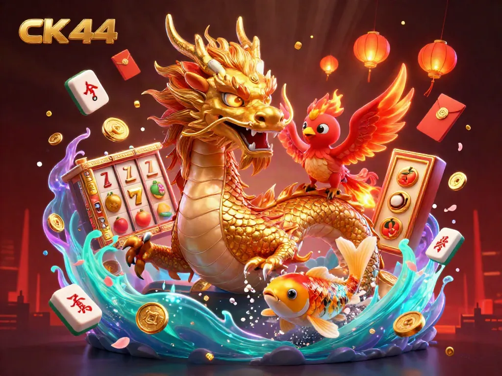 Experience the thrill of ck 44 with a vibrant 3D casino scene featuring dragons and lucky symbols.