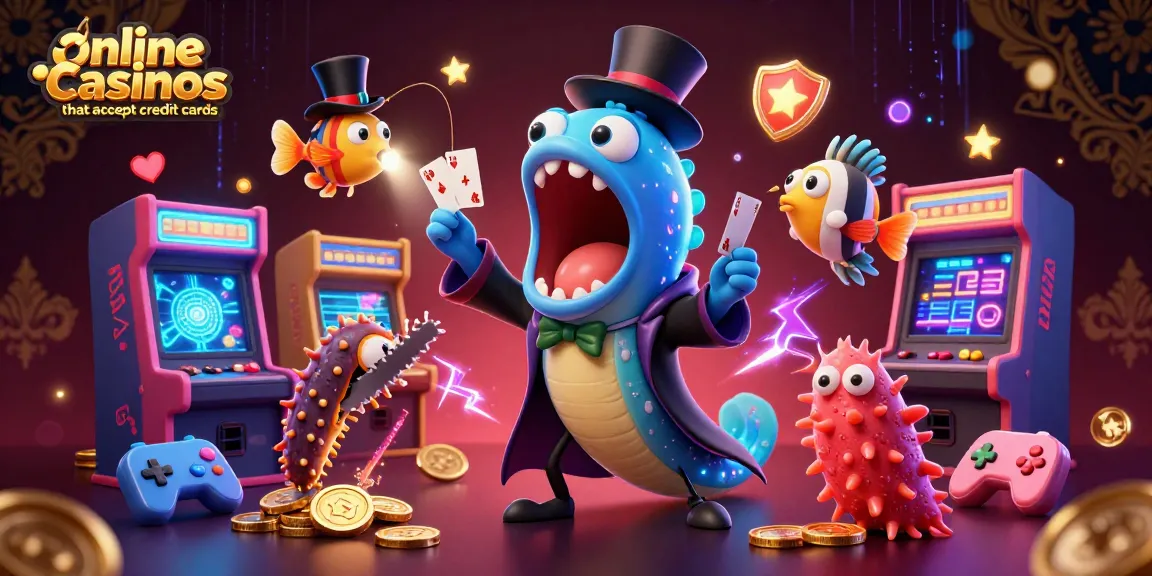 Engage with online casinos that accept credit cards through a vibrant 3D magic act showcasing unique characters and gaming elements.