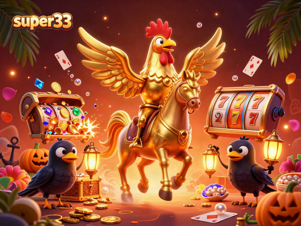 Join the excitement of super33 with our dynamic casino scene featuring golden rooster and festive companions.