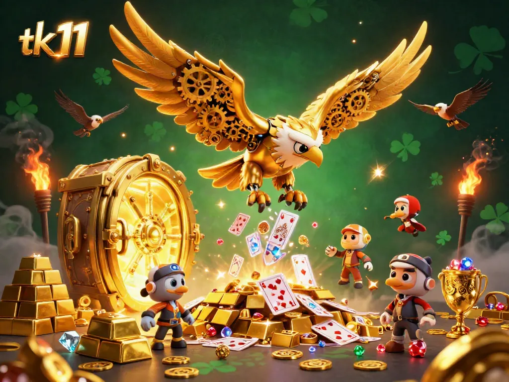 Experience thrilling adventures in tk 11 with a golden eagle surrounded by dazzling treasures.