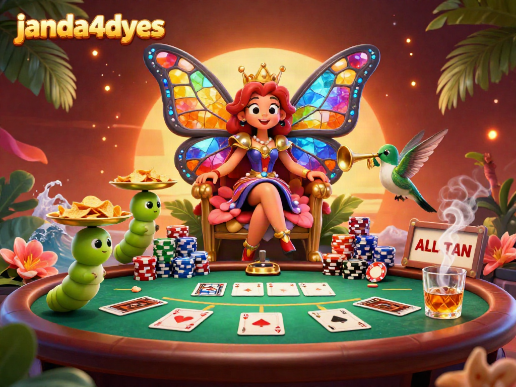JANDA4DYES menunjukkan kemenangan dalam adegan judi online dengan ratu kupu-kupu 3D.