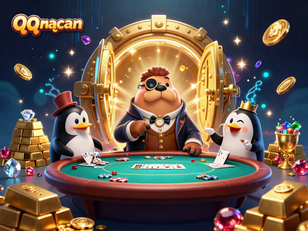 qqmacan showcases a whimsical underwater poker scene with a jolly walrus and vibrant gems.