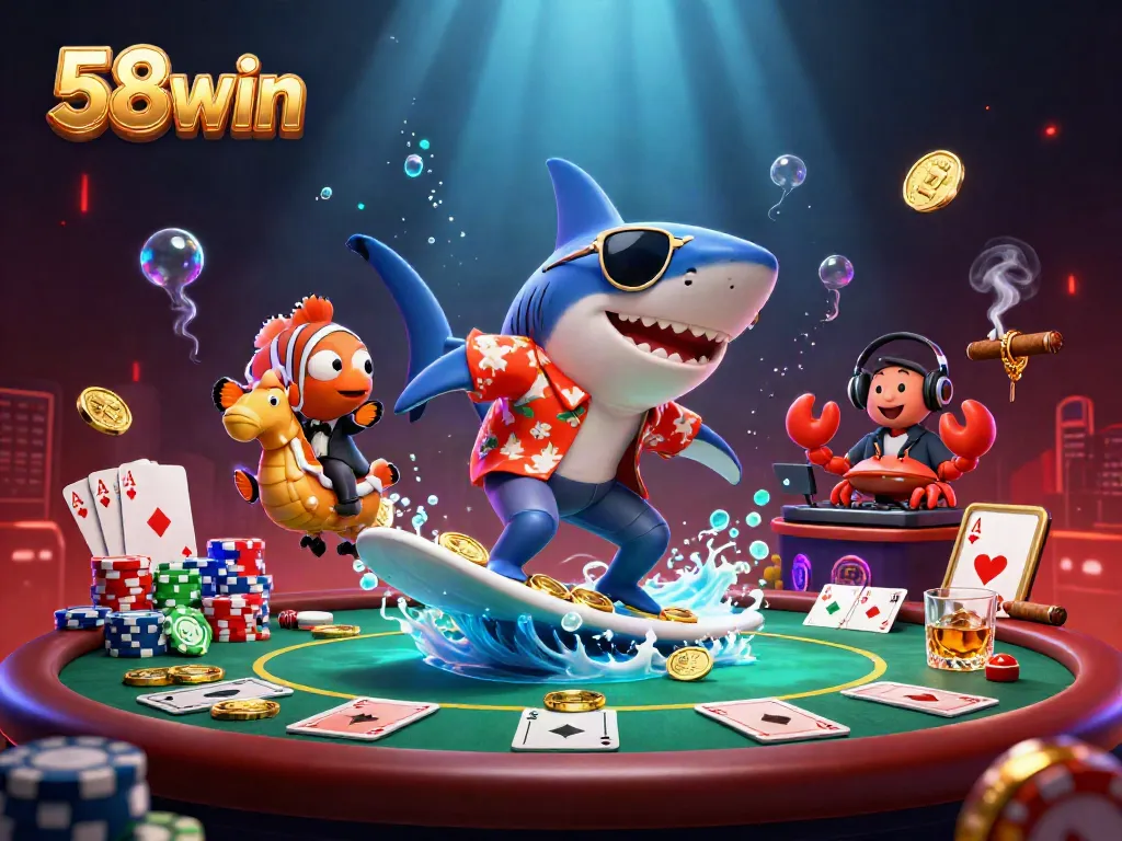58win shark surfing among poker chips and gold coins in a vibrant casino underwater scene.