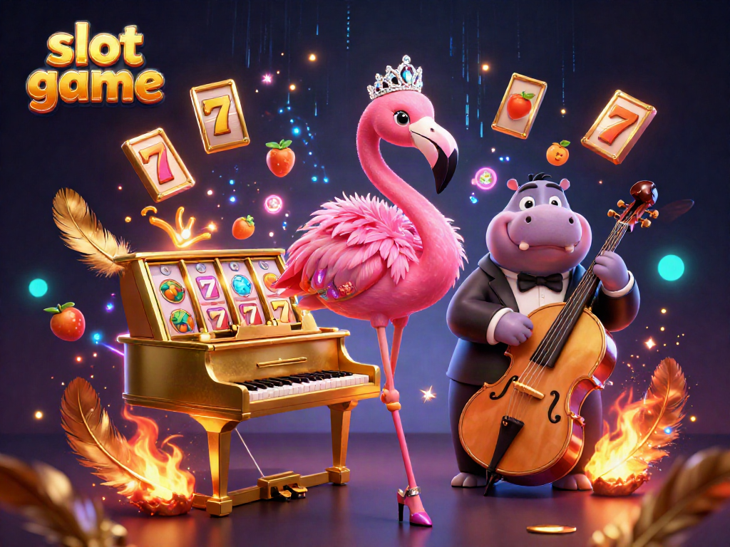 Experience thrilling slot game excitement with a vibrant flamingo singer and hippo bassist in a detailed casino scene.