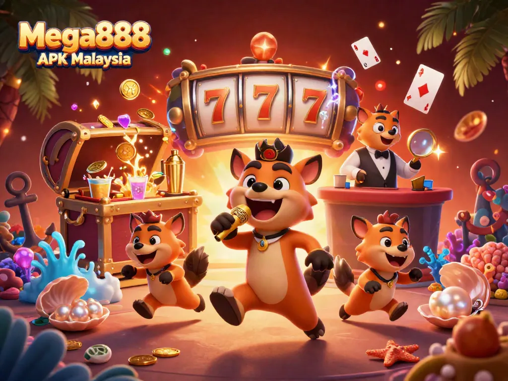 Engage with Mega888 APK Malaysia in a vibrant casino scene featuring cartoon hyenas.