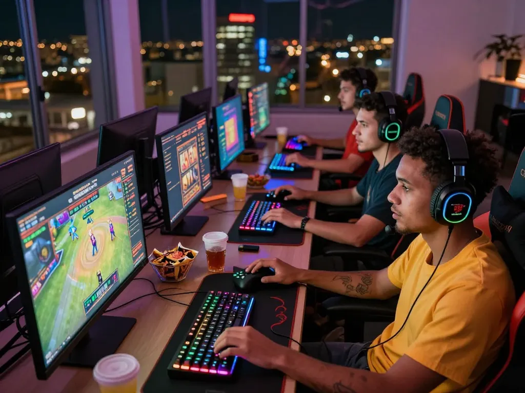 Exciting online gaming experience with HM88 highlighting gamers engaged in live betting and slot games.