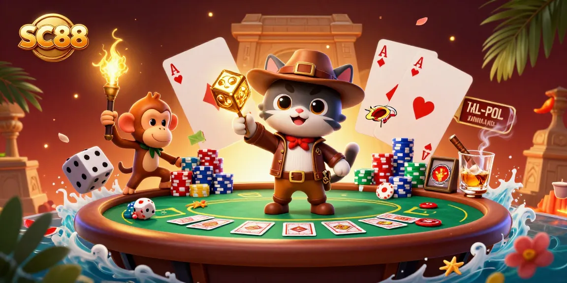 Experience the thrill of SC88 with an archaeologist cat uncovering casino artifacts amidst vibrant gaming elements.