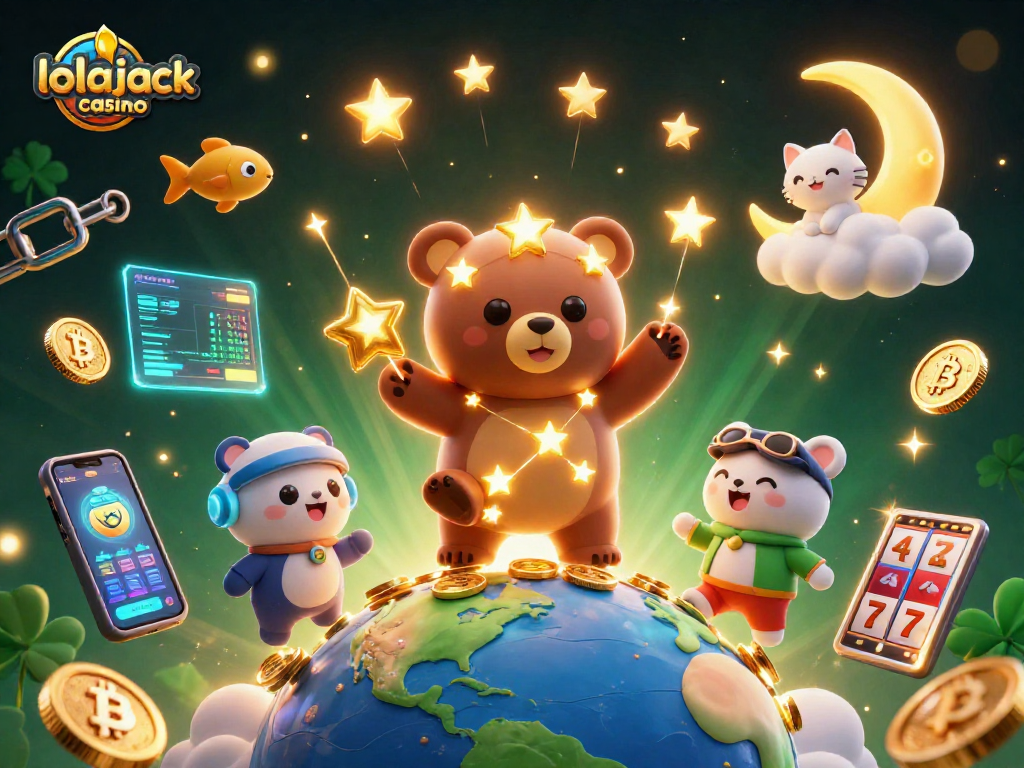 Engage with lolajack casino's rich world of gaming, featuring a cosmic bear and vibrant slot elements.