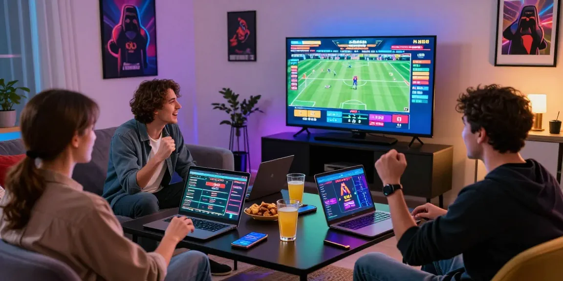 Friends enjoying online gaming on ALO8 platform with live sports and cheering atmosphere.
