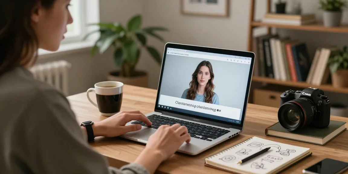 A user chatting with their AI girlfriend in a cozy home office, surrounded by books and plants, highlighting the blend of technology and personal connection.