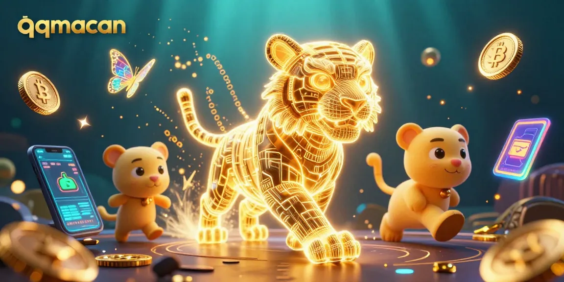 Permainan seru di qqmacan dengan harimau emas dan simbol cryptocurrency yang menarik.