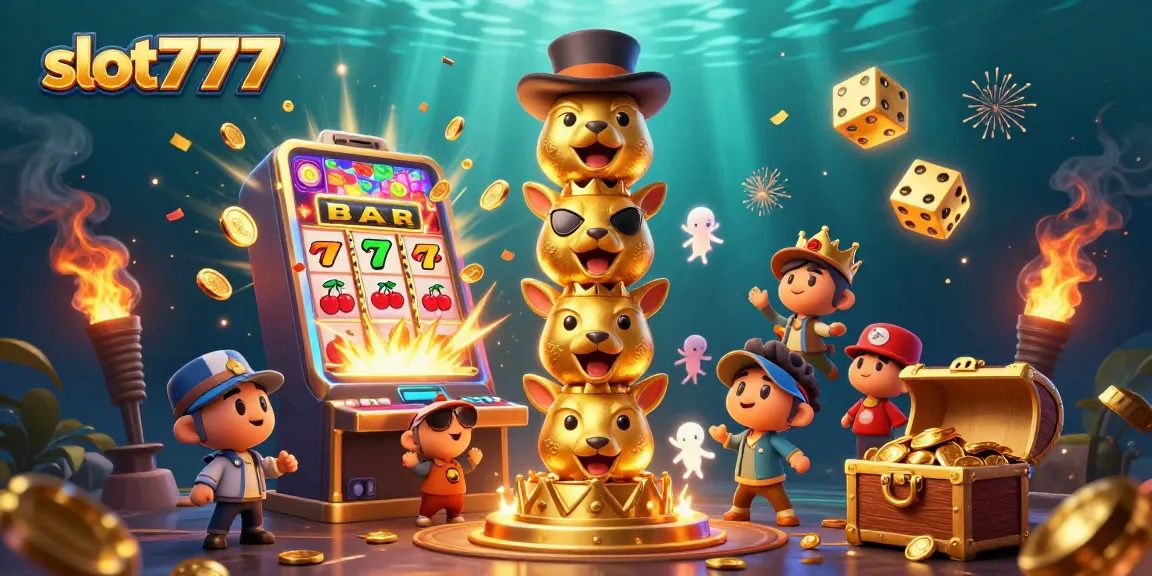 Experience slot777 through a vibrant 3D illustration filled with slot machine excitement and golden totem charm.