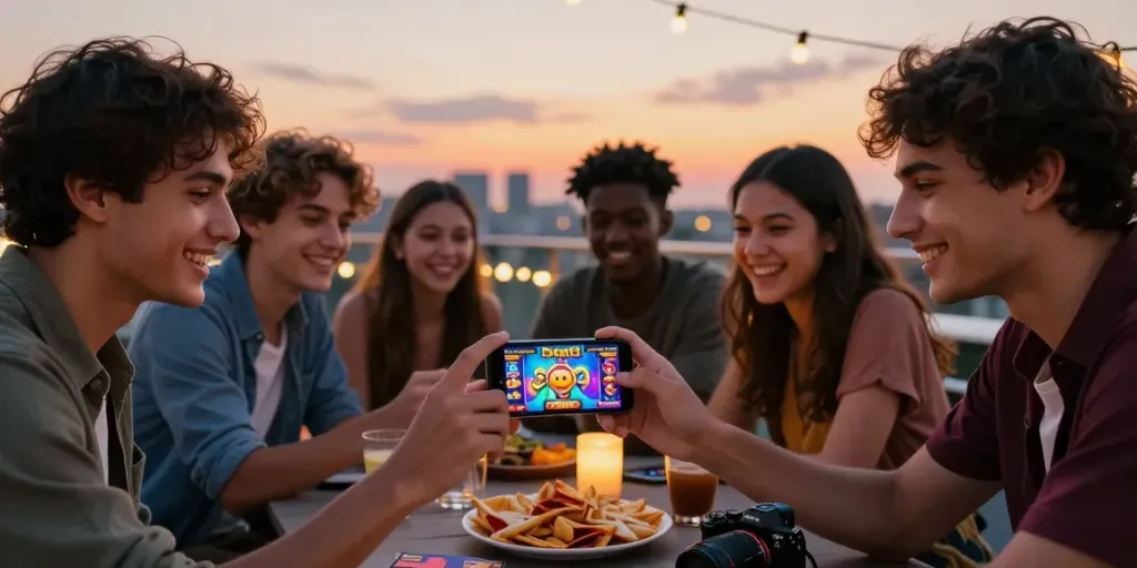 Gameplay of 3 Patti No1 on mobile, showcasing friends enjoying Teen Patti on a rooftop at sunset.