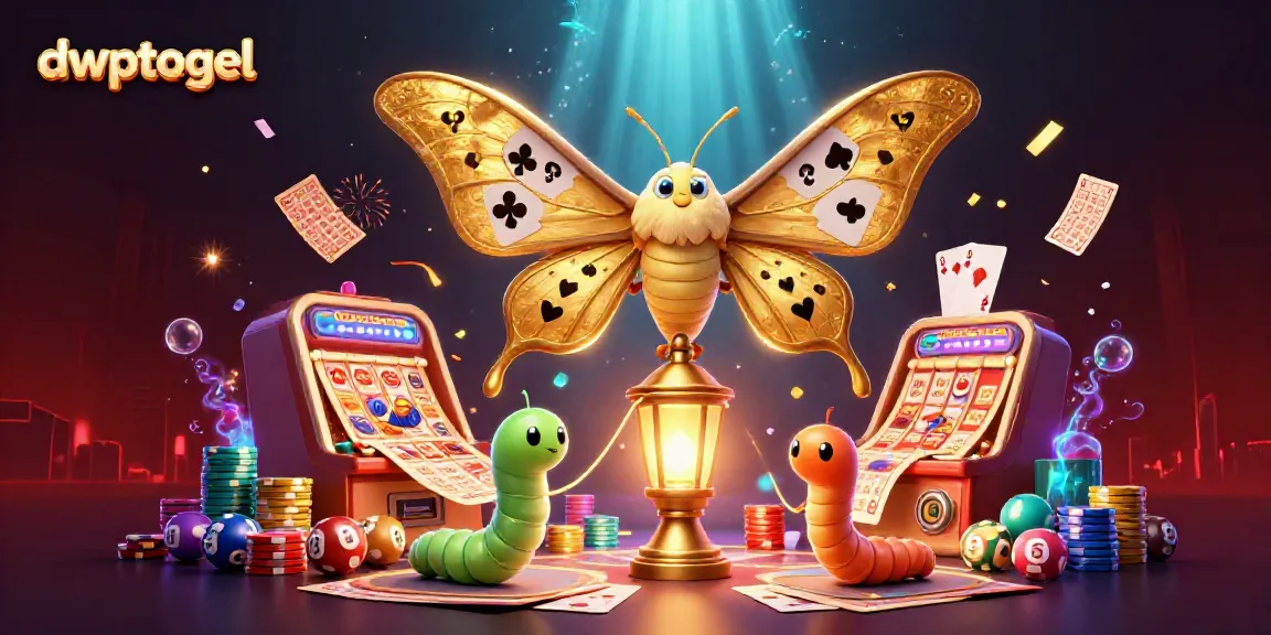 Mengambil keberuntungan di DWPTOGEL dengan latar belakang mesin lotere, bola bernomor, dan pemandangan kasino yang gemerlap.
