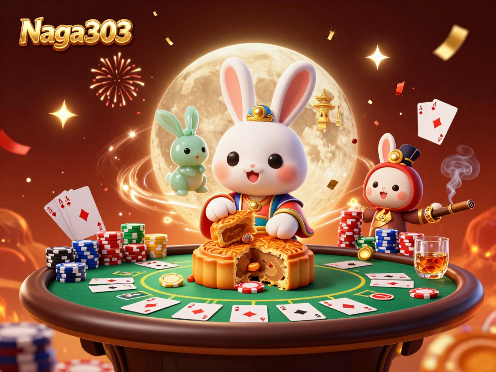 Permainan menarik di Naga303 dengan karakter kelinci bulan yang mengguncang koin poker.