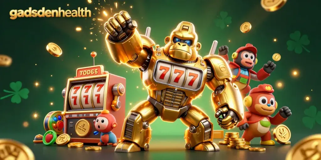 Gadsdenhealth menghadirkan pengalaman kasino dengan gorila emas, simbol slot, dan banyak koin.