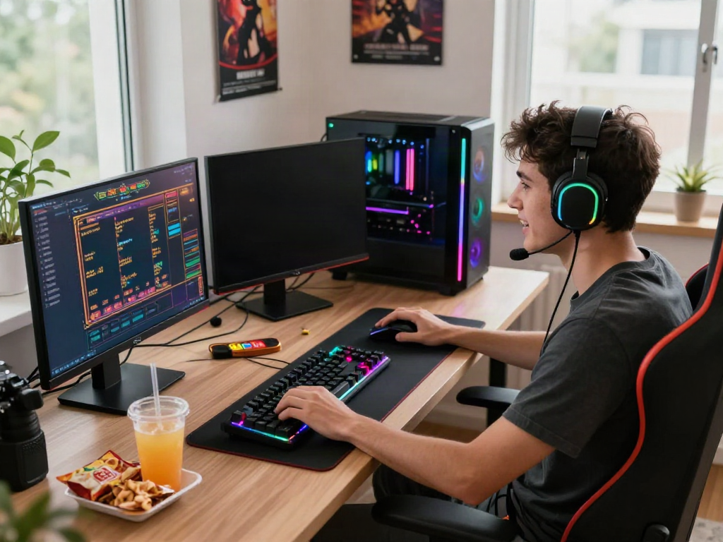 Exciting online gaming setup showcasing akunjp with vibrant screens and gaming gear.