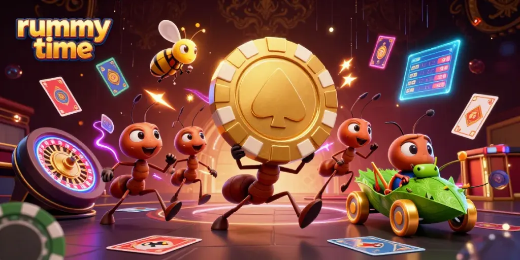Engage in thrilling rummy time gameplay with ants carrying a giant poker chip amidst a vibrant casino environment.