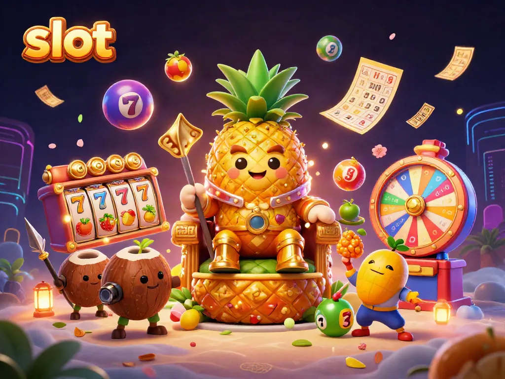 Slot dengan jackpot dan simbol buah dalam ilustrasi kasino yang dinamis.