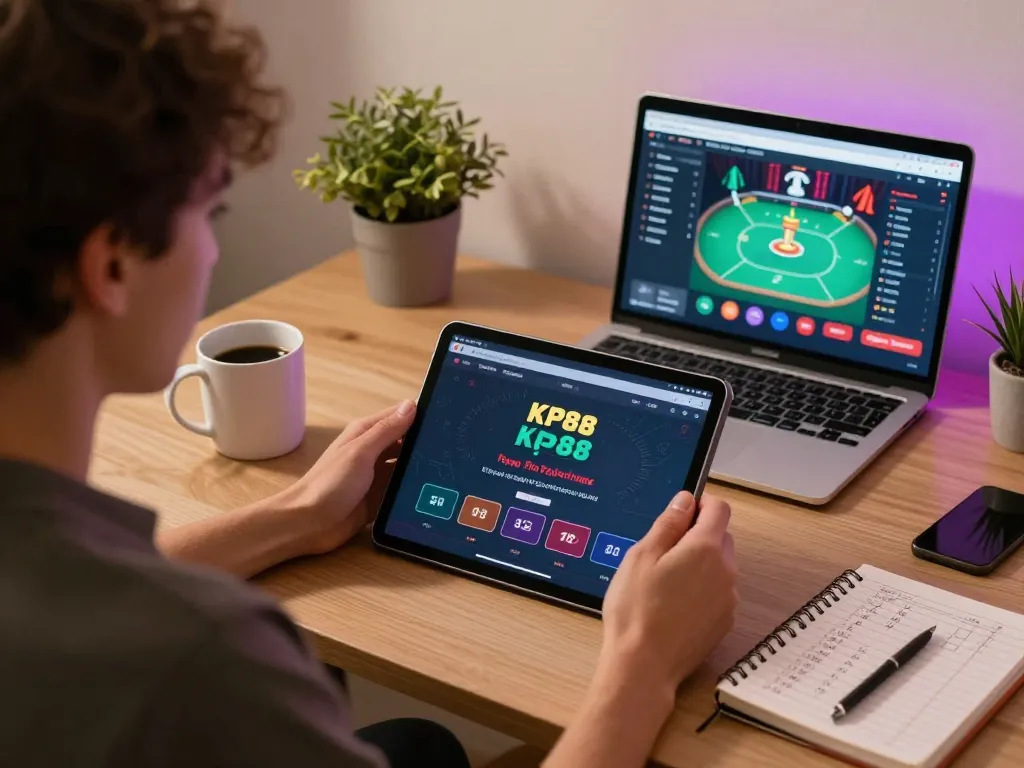 Engaging with the KP88 casino app at home, highlighting strategic gaming and responsible betting.