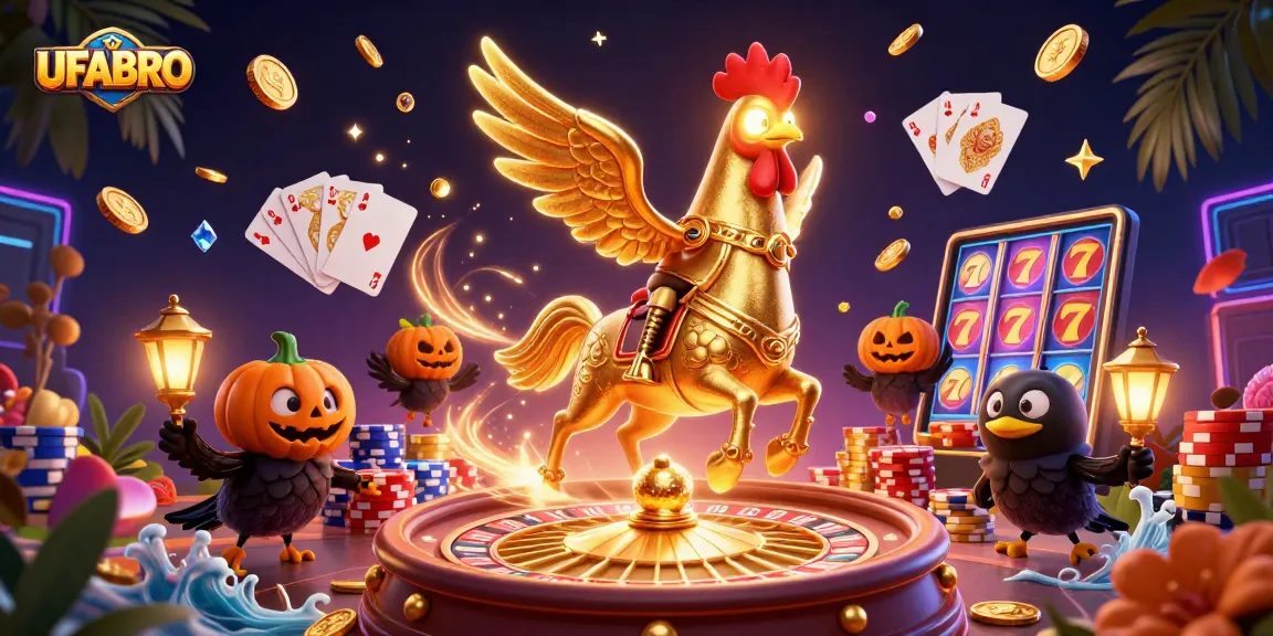 Experience the thrill of UFABRO with vibrant casino elements and dynamic characters in a captivating 3D illustration.