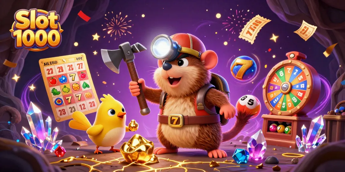 Experience Slot 1000 excitement with the treasure hunter mole and canary in an electrifying casino-themed scene.