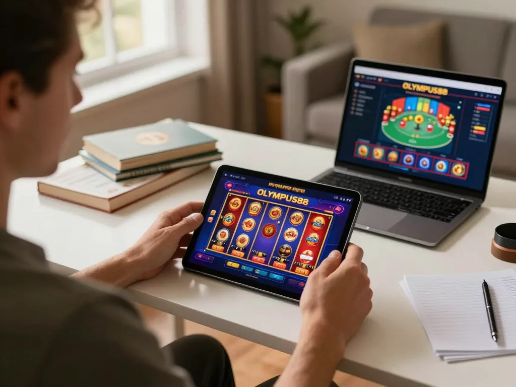 Engaging with OLYMPUS88 gaming app on a tablet in a cozy home setup, promoting strategic gameplay.