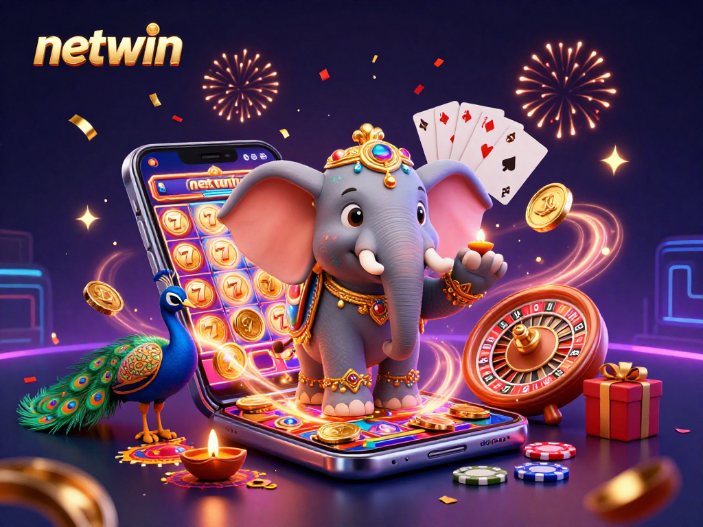 Play thrilling slot games on Netwin with a festive 3D elephant, colorful slots, and dazzling casino elements.