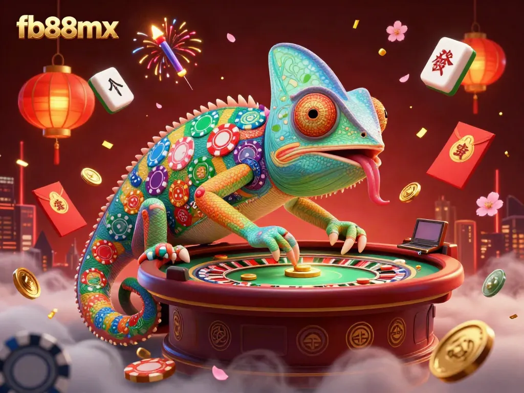 Experience excitement with fb88mx's chameleon casino owner amidst vibrant gaming elements and festive decor.