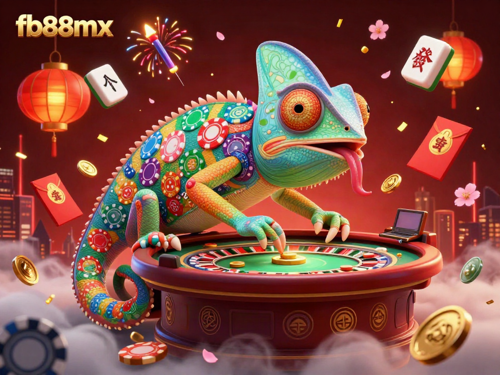 Experience excitement with fb88mx's chameleon casino owner amidst vibrant gaming elements and festive decor.