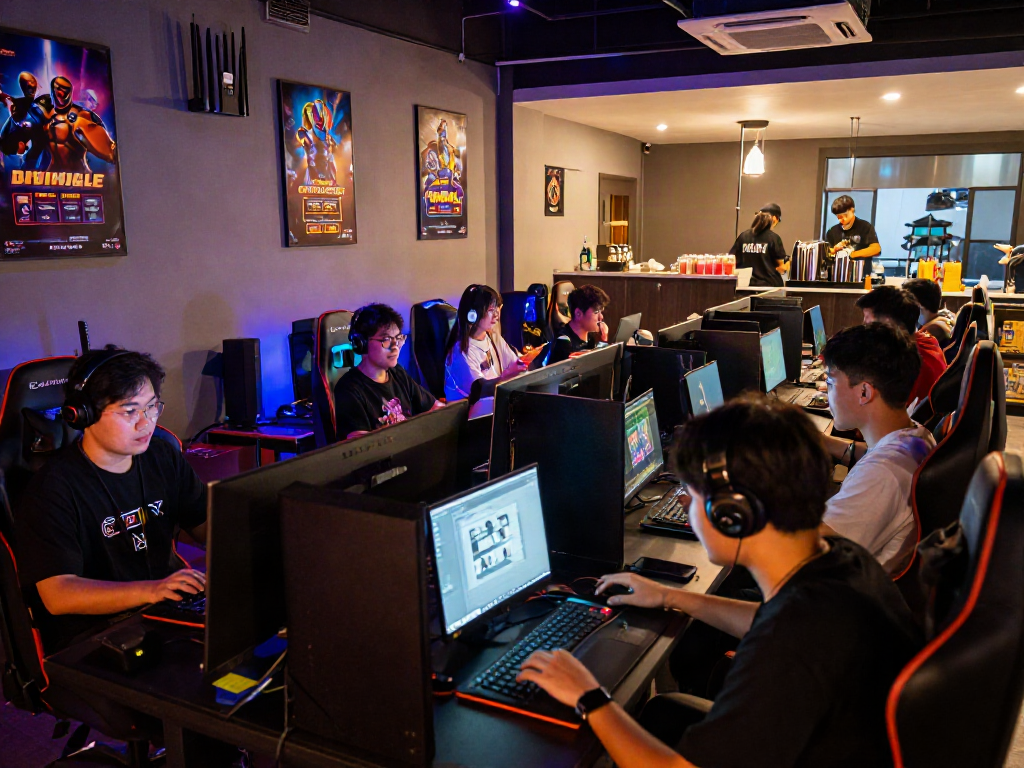 Players enjoying popular slot resmi games in a vibrant gaming cafe atmosphere.