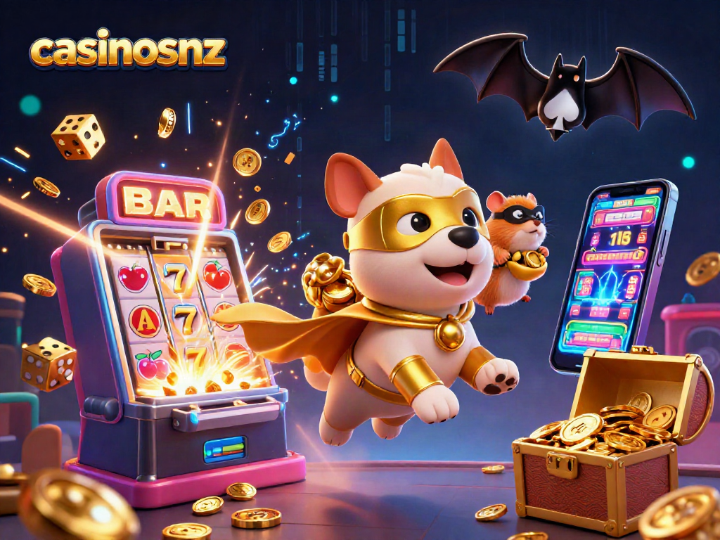 Experience winning at casinosnz with a thrilling scene of a superhero dog and hamster, surrounded by casino riches.