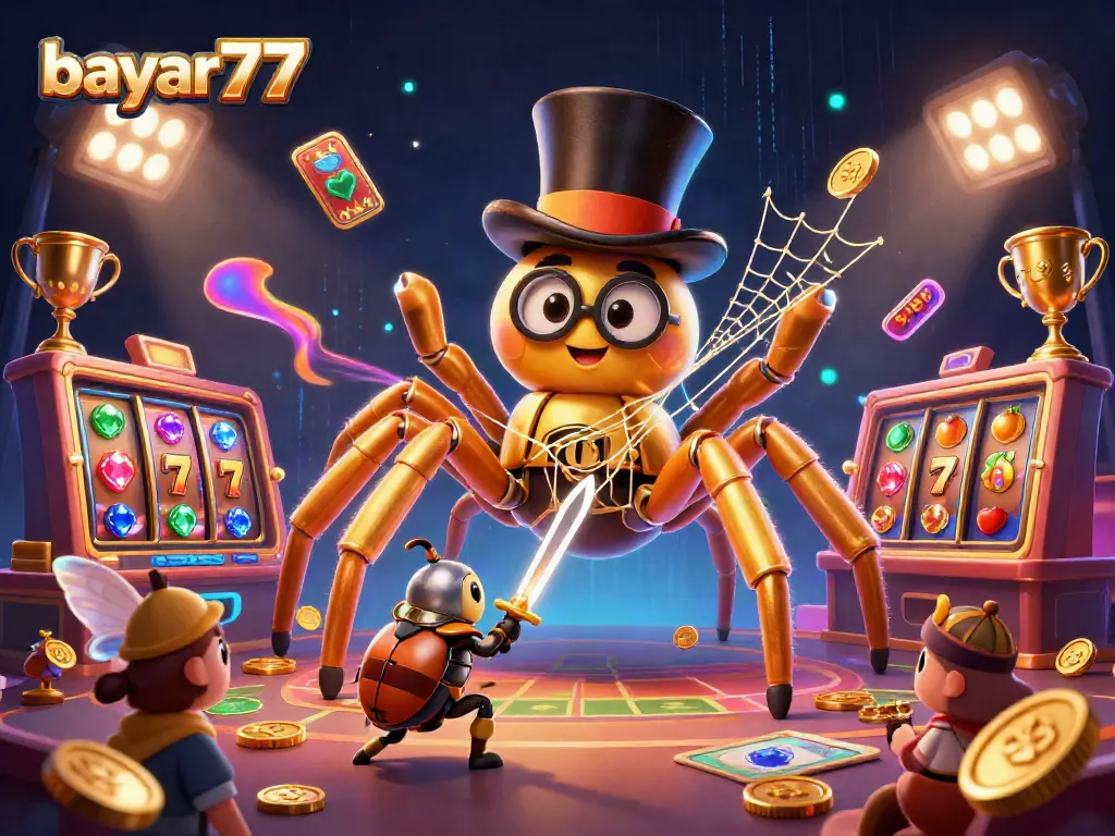Experience seamless gameplay at bayar77 with a dynamic 3D casino illustration showcasing vibrant characters and action.