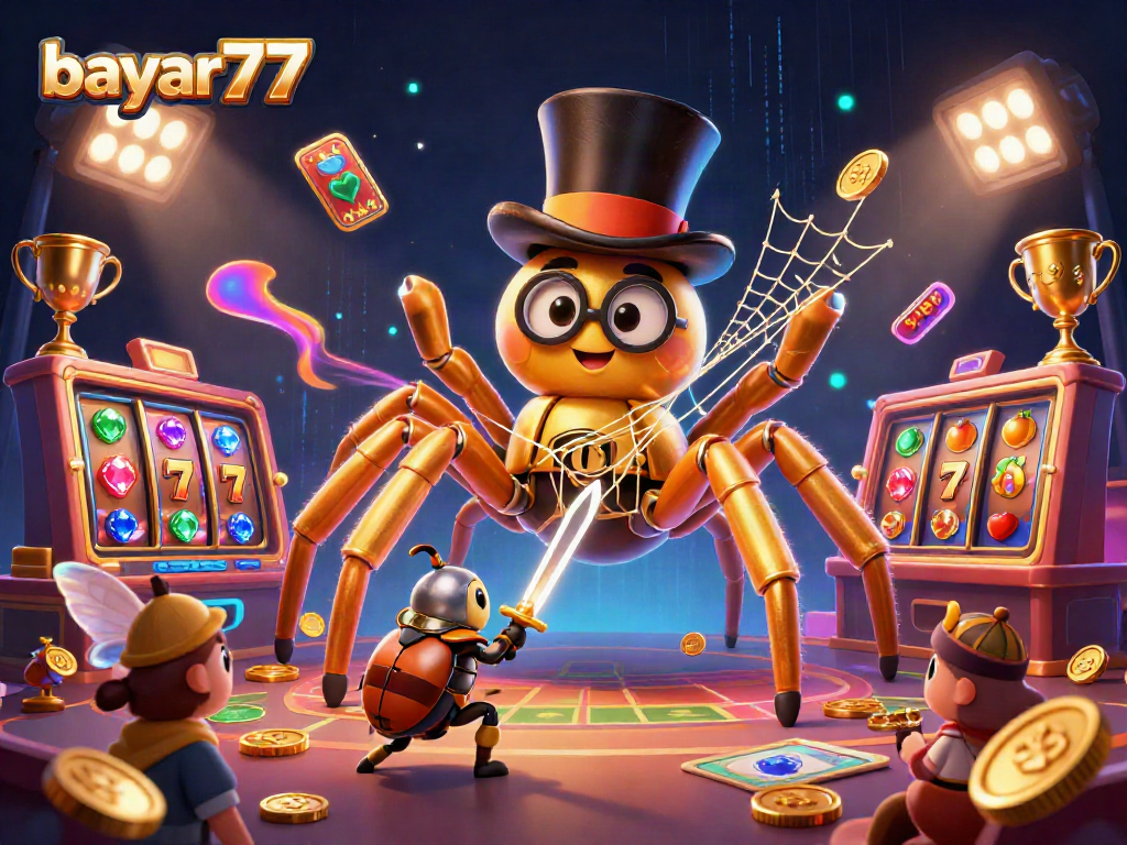 Experience seamless gameplay at bayar77 with a dynamic 3D casino illustration showcasing vibrant characters and action.