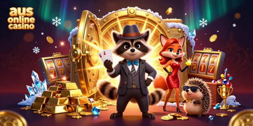 Engage with the excitement of aus online casino featuring characters amidst gold treasures and slot reels.