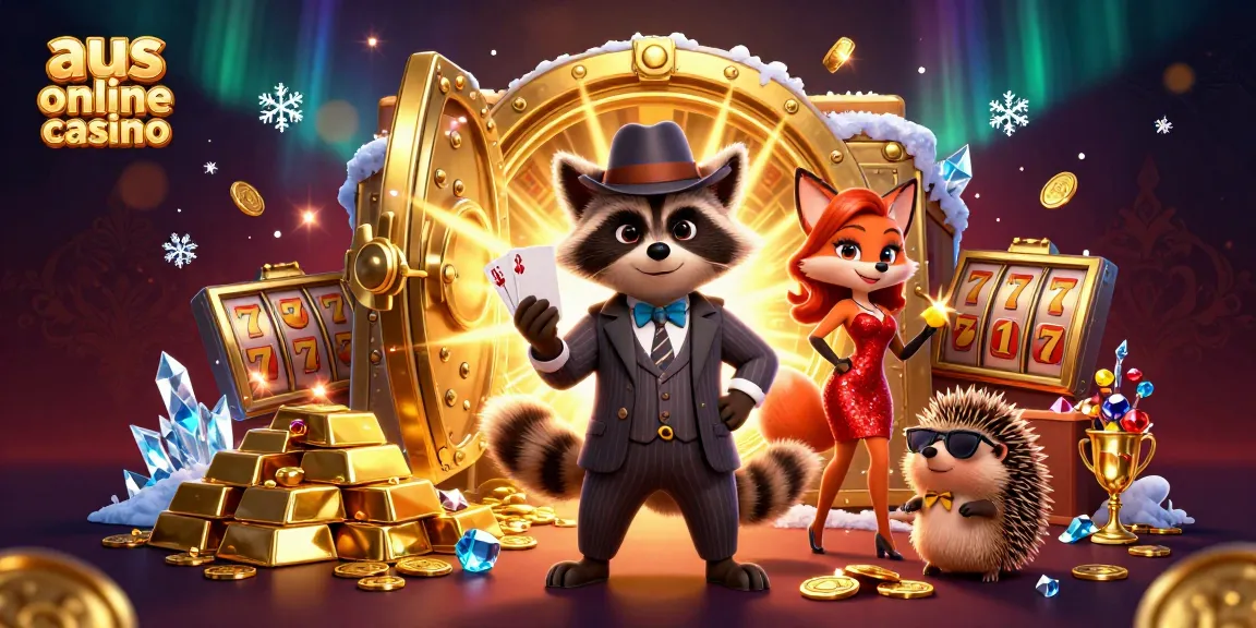 Engage with the excitement of aus online casino featuring characters amidst gold treasures and slot reels.