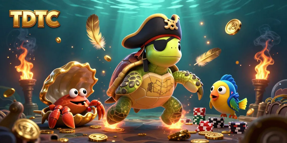 Engage with TDTC's vibrant 3D pirate turtle casino scene featuring gold coins and gambling elements.