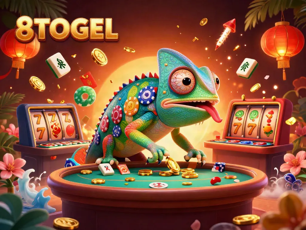 8TOGEL menyajikan chameleon kasino besar yang menangkap koin emas di tengah permainan lotere yang meriah.