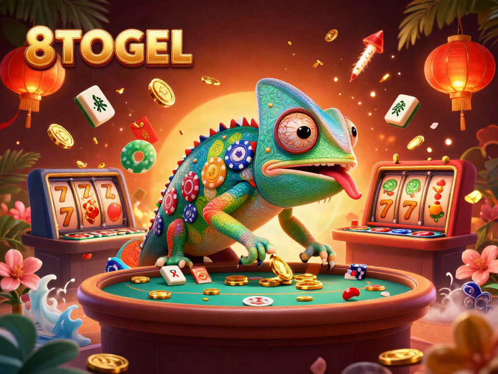 8TOGEL menyajikan chameleon kasino besar yang menangkap koin emas di tengah permainan lotere yang meriah.