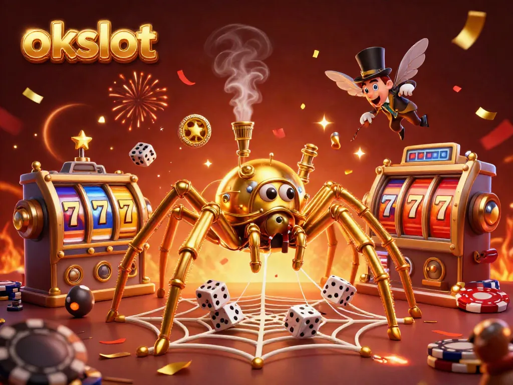 เกมสล็อตออนไลน์จาก okslot กับแมงมุมทองขนาดใหญ่ที่จับลูกเต๋ากำลังเล่นในคาสิโน