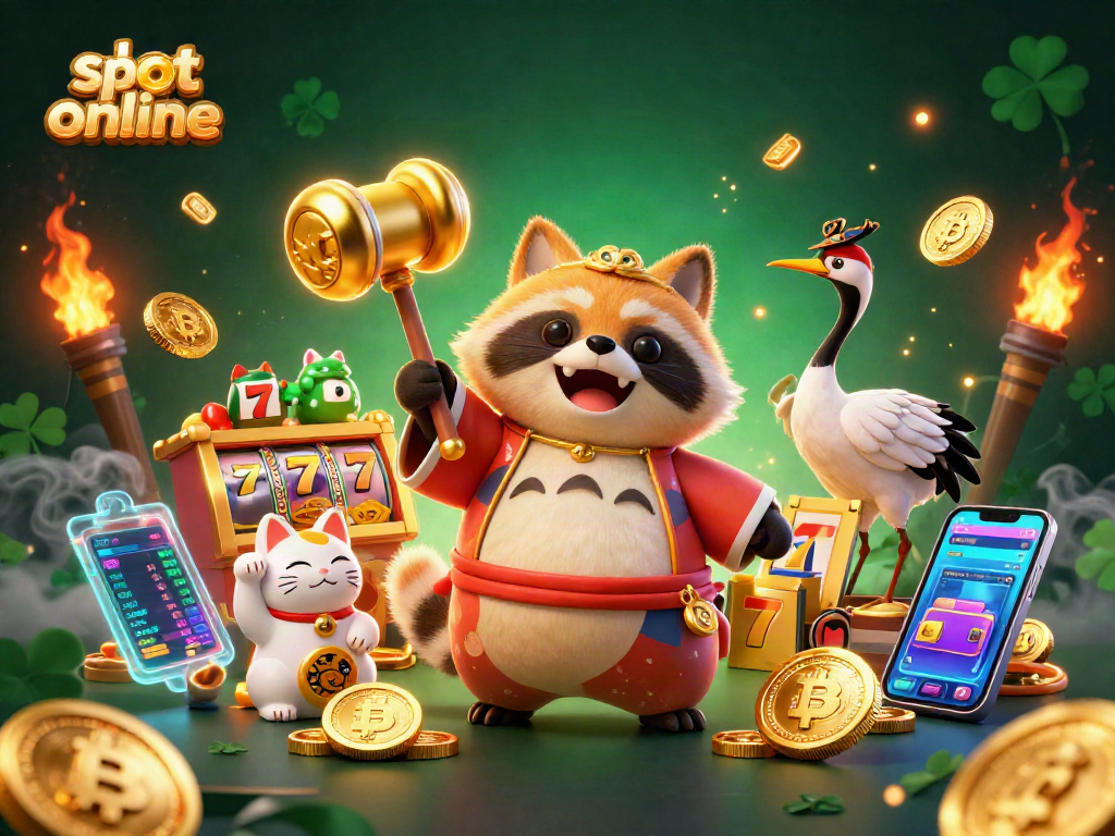 Spin slot online with cheerful tanuki and colorful fortune cats, embracing vibrant casino energy.