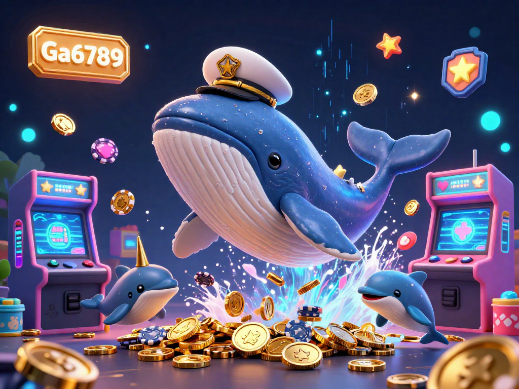 Experience the excitement of Ga6789 with a vibrant illustration of a casino-themed 3D scene featuring animated whales and dolphins.