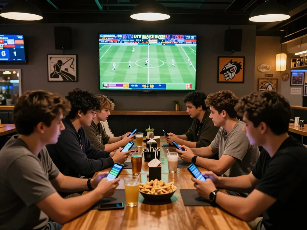Friends analyzing kèo nhà cái odds while watching live sports in a modern betting environment